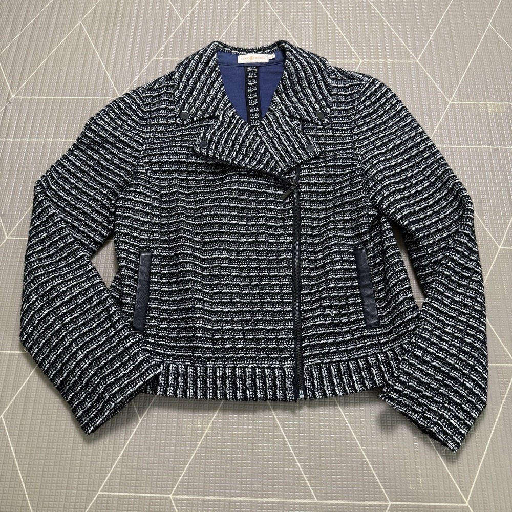 Tory Burch Tweed Boucle Biker Moto Jacket M Black Raffia Stripe Cotton Leather